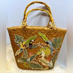 Capelli Vintage Woven Straw Tote Bamboo Handles Parrot Jungle Appliqué